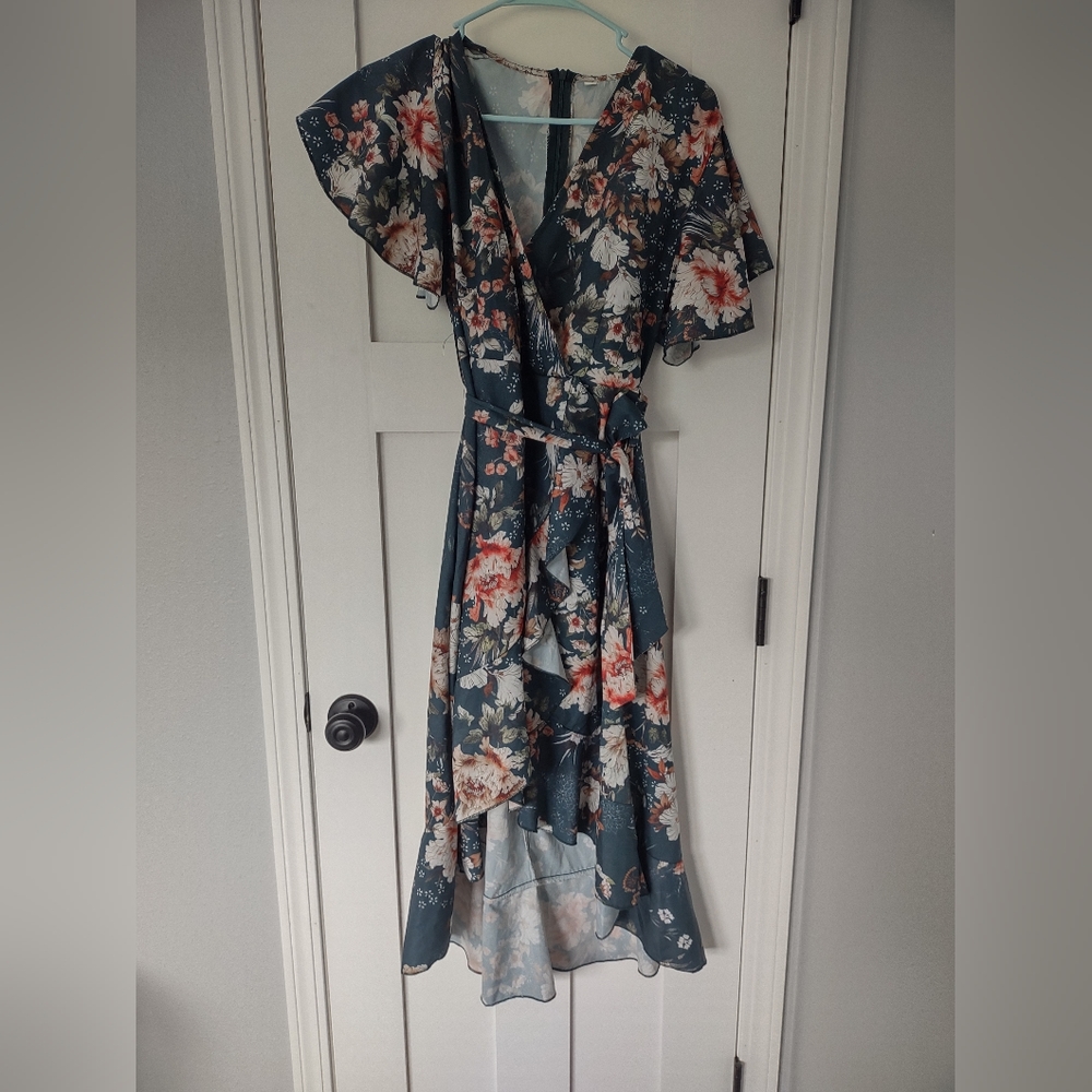 New Emerald Dark Green Floral Formal Summer Spring Fall Dress Size Large Zip